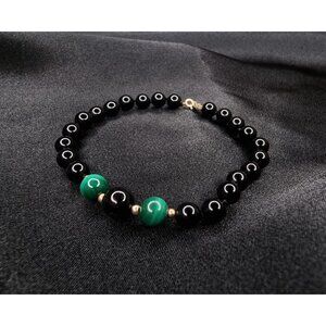 Vintage 14K Gold Hong Kong Signed Onyx & Malachite Beaded Bracelet